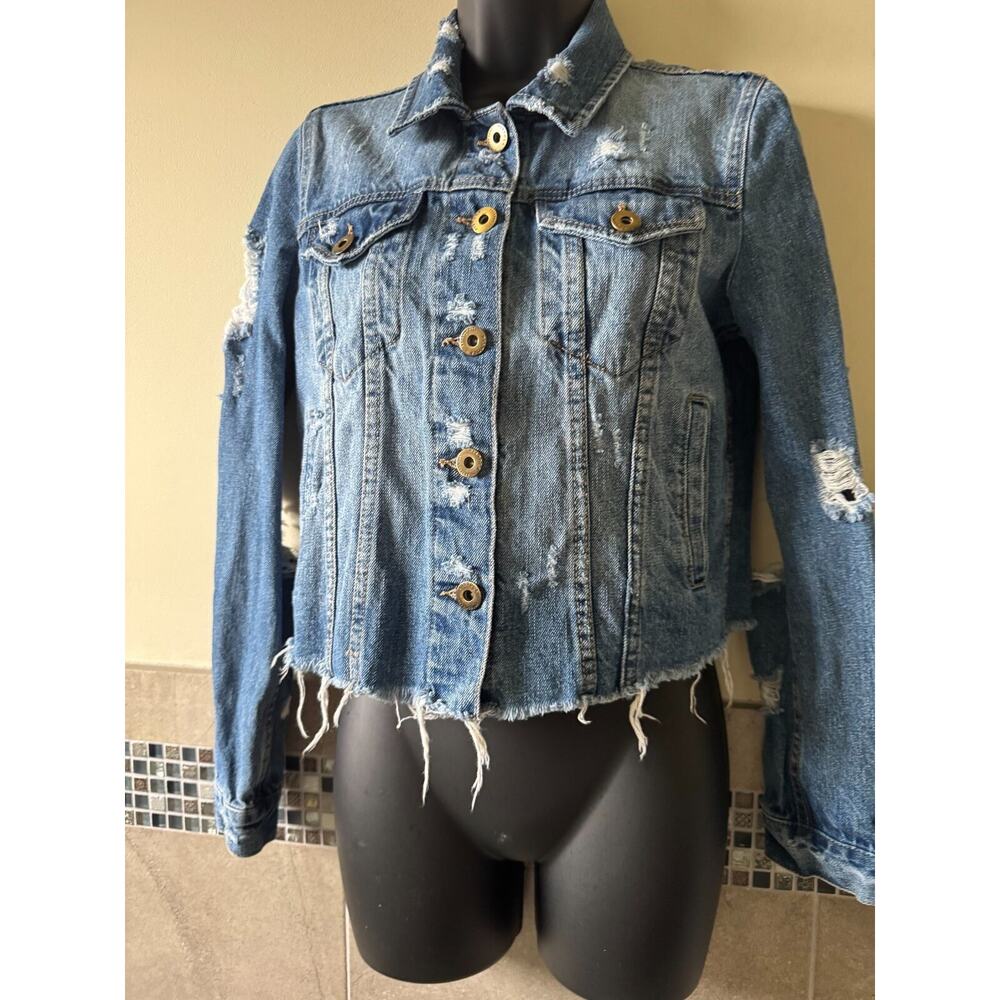 Pistola Light Blue Denim Distressed Blue Cropped Jacket SZ S NWOT
